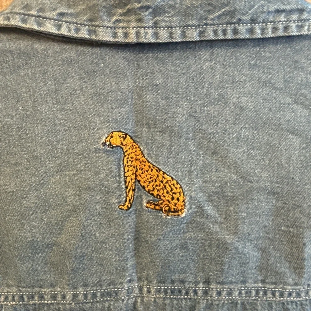 Cabin Creek Cheetah embroidered short sleeve chambray shirt with panel Whimsy
